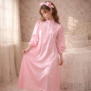 VTG 80s Ilise Stevens Pink Satin Nightgown NWOT Victorian Ruffle Medium USA